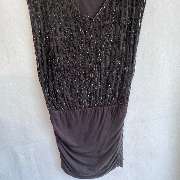Guess Black Beaded Cocktail Party Dress Sleeveless V Neck Ruched Y2K Vintage M - Picture 5 of 8